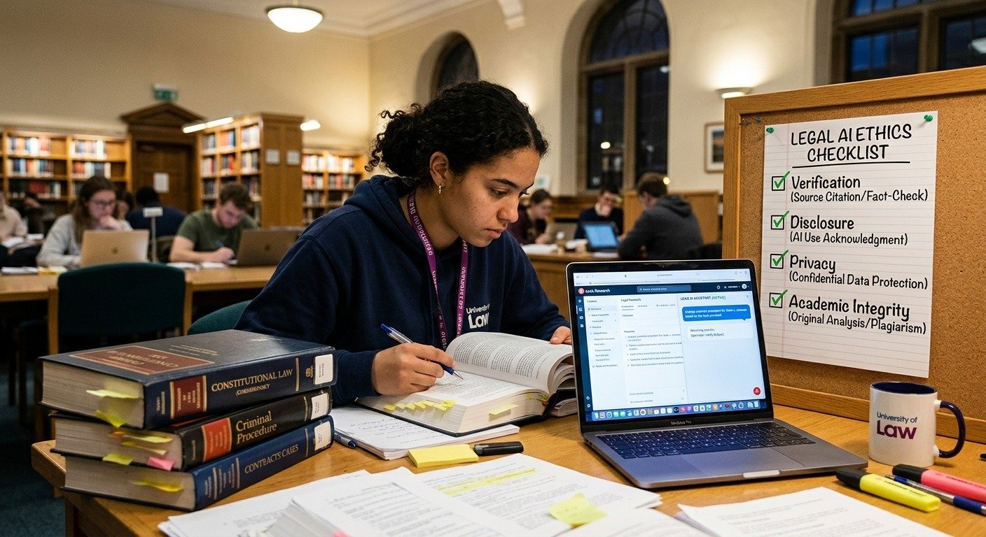 Law student reviewing generative AI rules while verifying legal research and citation